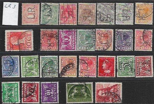 Perfins Nederland  - - - 27  zegels  met  Perfin  LR 3, Verzenden, T/m 1940, Gestempeld