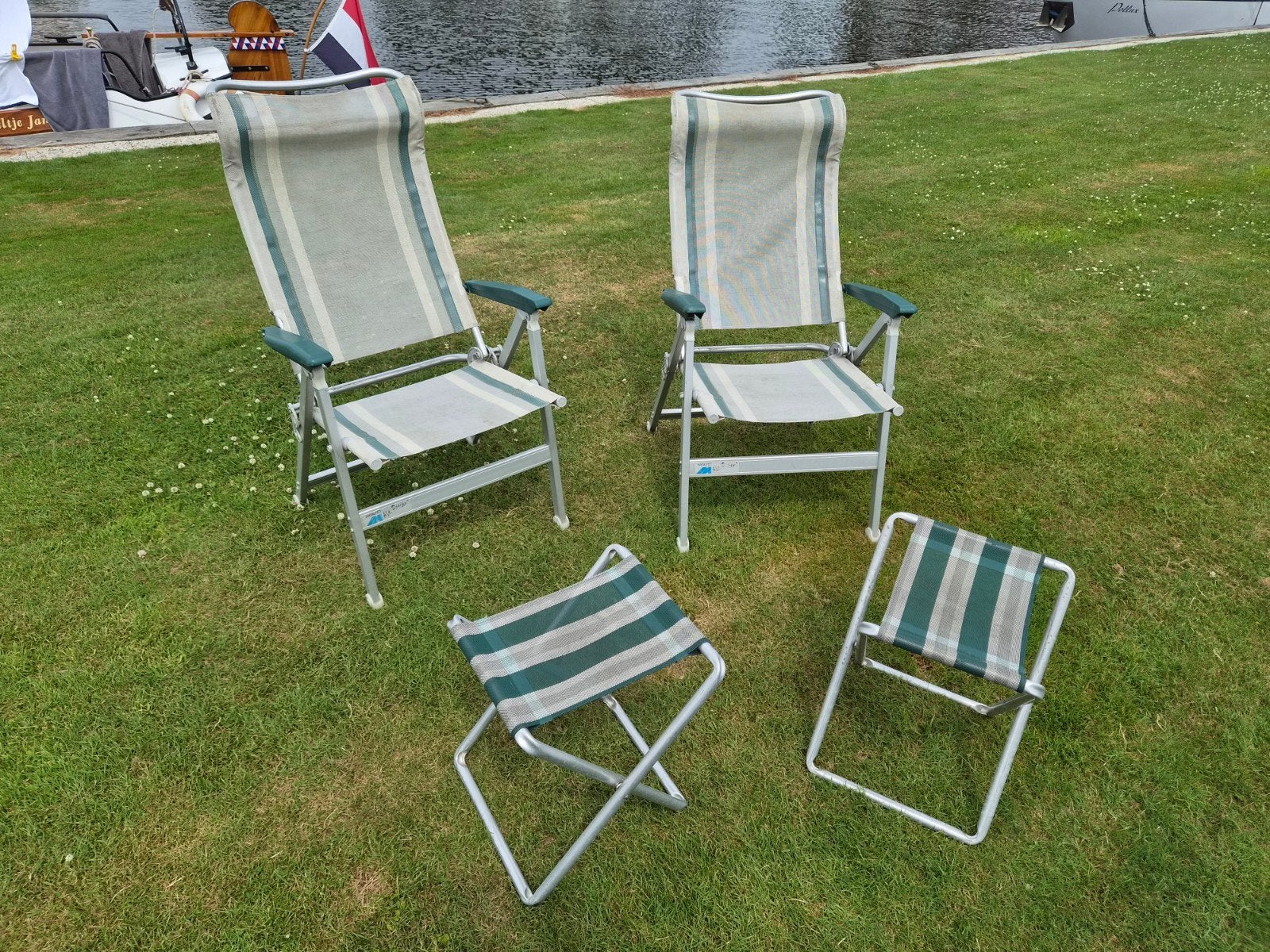 Dukdalf Alu Design verstelbare klapstoelen met voetenbankjes, Caravans en Kamperen, Ophalen, Campingstoel