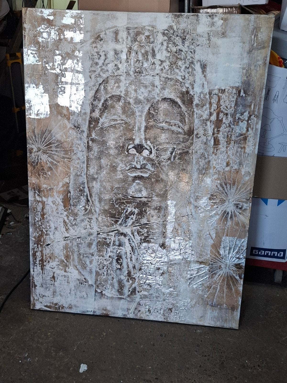 Groot Boeddha Schilderij - Zilver en Wit, Antiek en Kunst, Ophalen