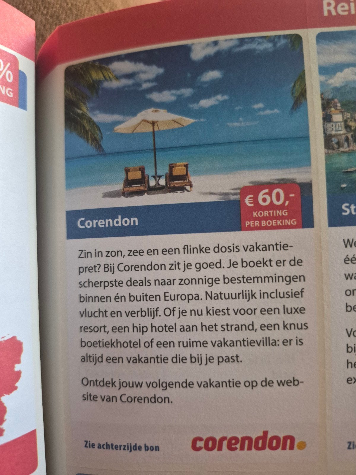 Korting corendon 60 euro per boeking, Eén persoon, Kortingsbon, Overige typen
