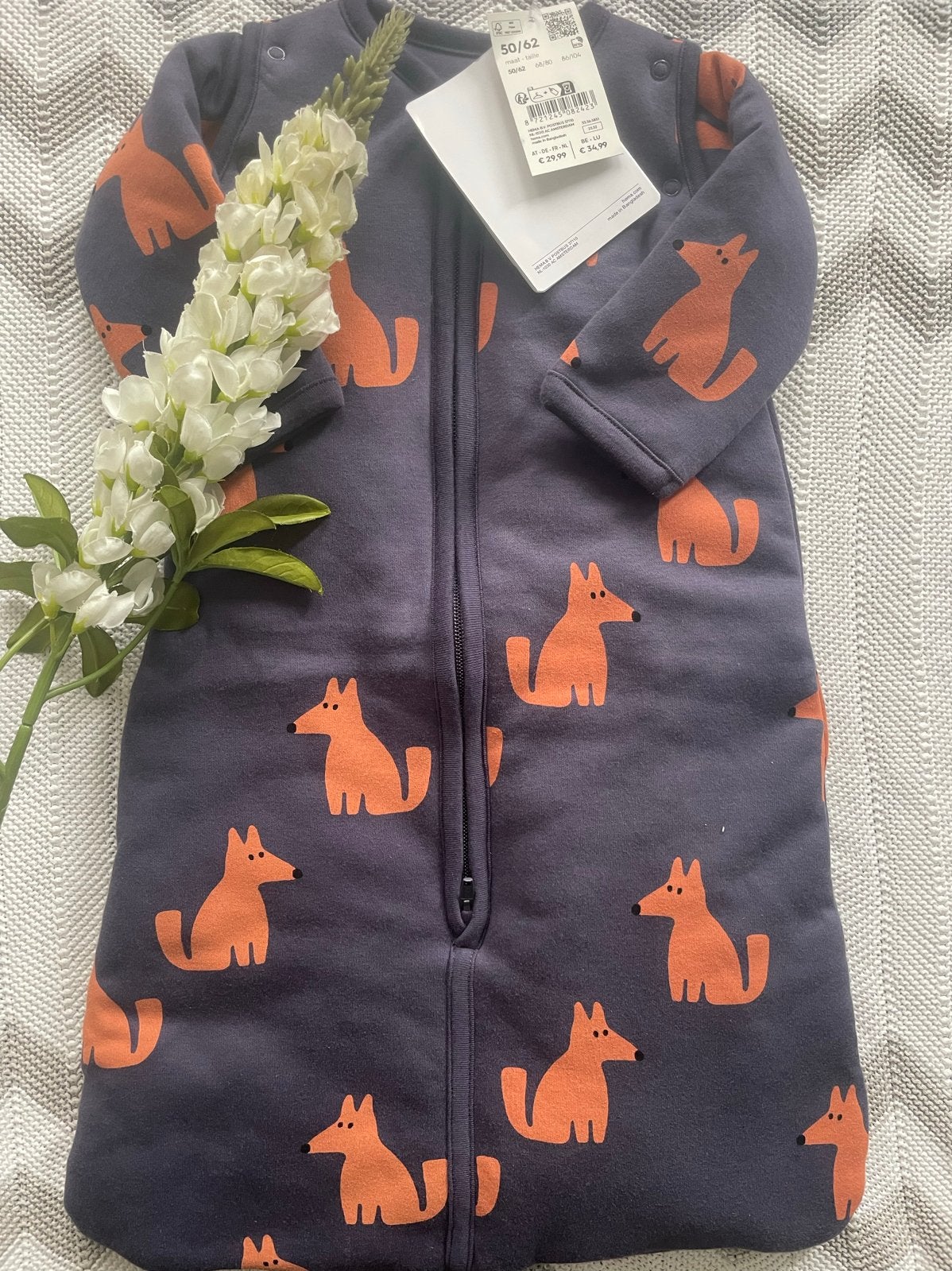 NIEUW, blauwe winter slaapzak met vosjes - Hema - 50-62 cm, Nieuw, Ophalen of Verzenden, Hema, Wasbaar