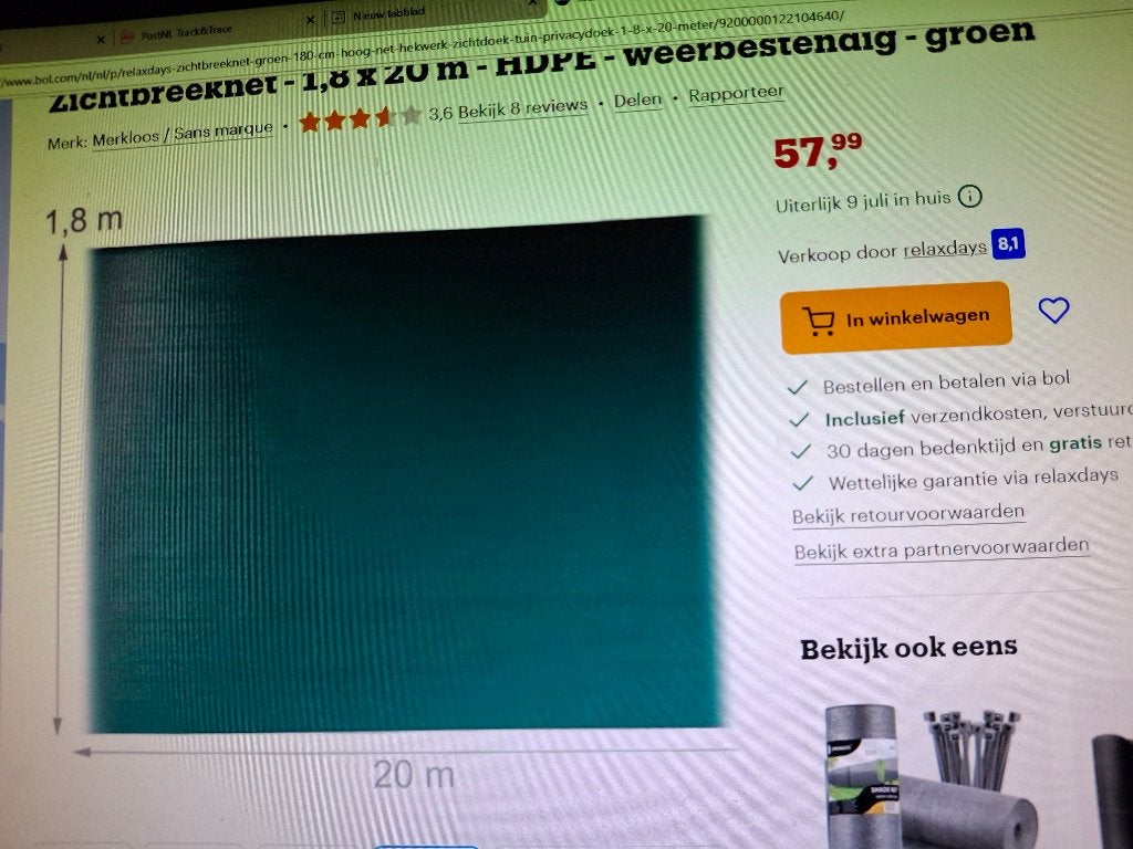 Zichtbreeknet - 1,8 x 20 m - HDPE - weerbestendig - groen, Ophalen of Verzenden, Nieuw