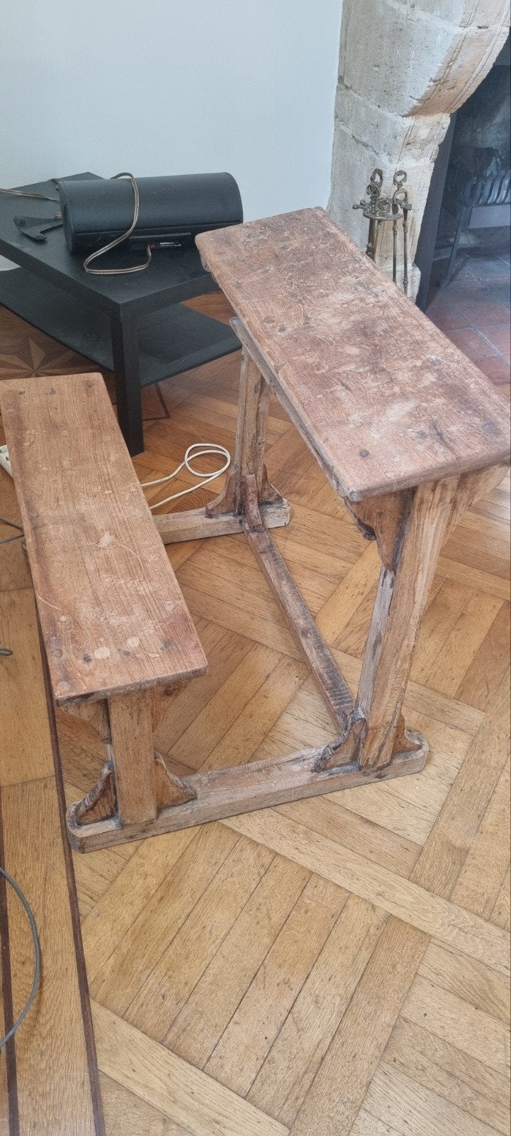 Antieke houten schoolbank met bankje, Ophalen