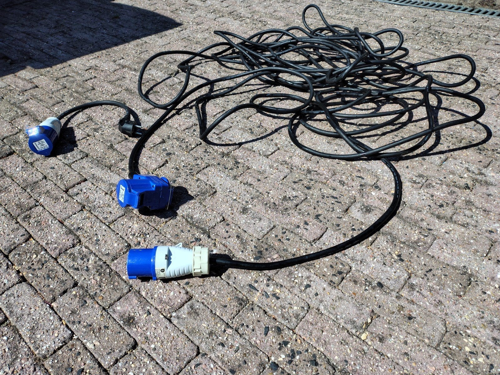 CEE kabel 20m met stopcontact en verloopsnoer, Ophalen of Verzenden, Gebruikt