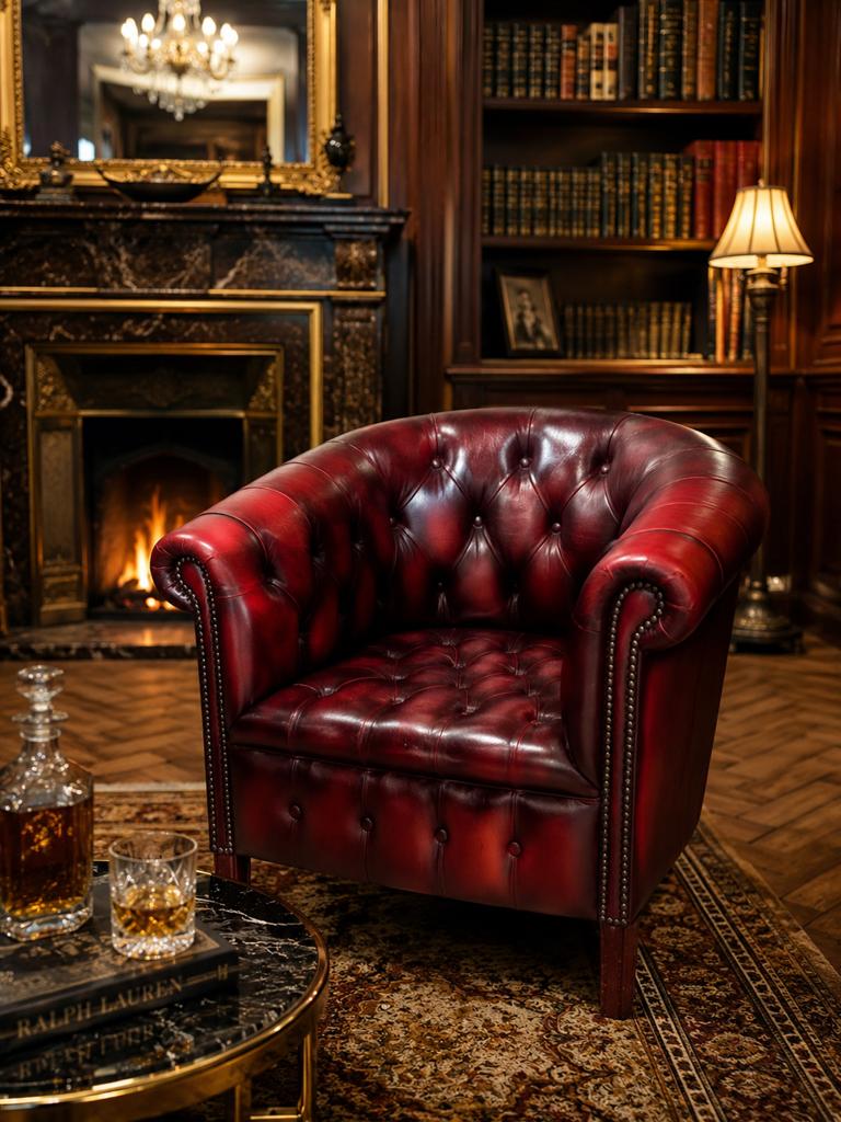 Chesterfield fauteuil, rood leer, Ophalen, Gebruikt, Leer, 75 tot 100 cm