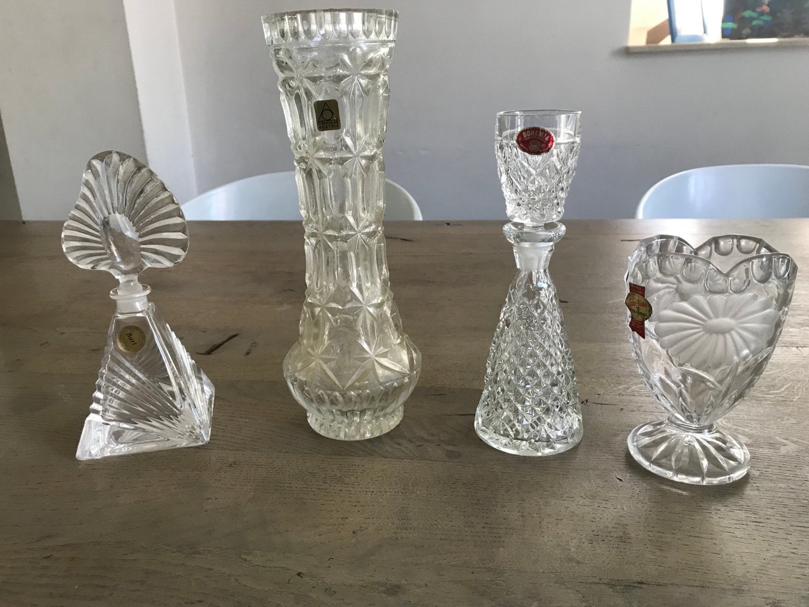 Set van 4 vintage kristallen  flesjes vasen en karaf, Ophalen of Verzenden