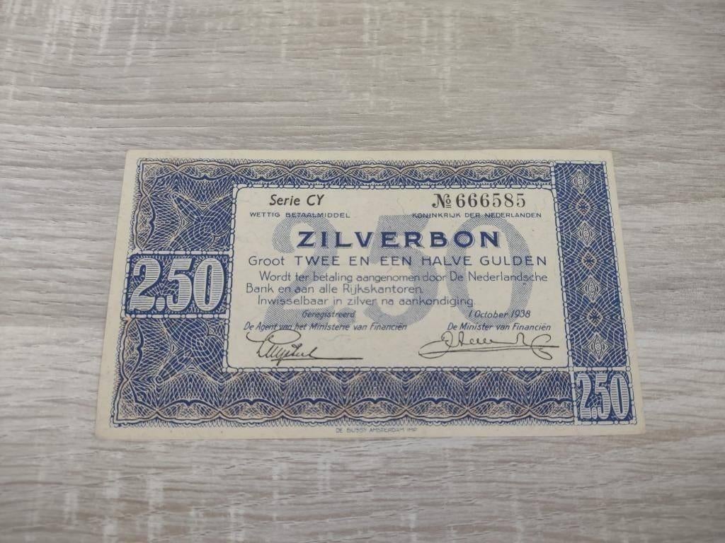 UNC biljet 2,5 gulden 1938, zilverbon, Ophalen of Verzenden, 1 gulden
