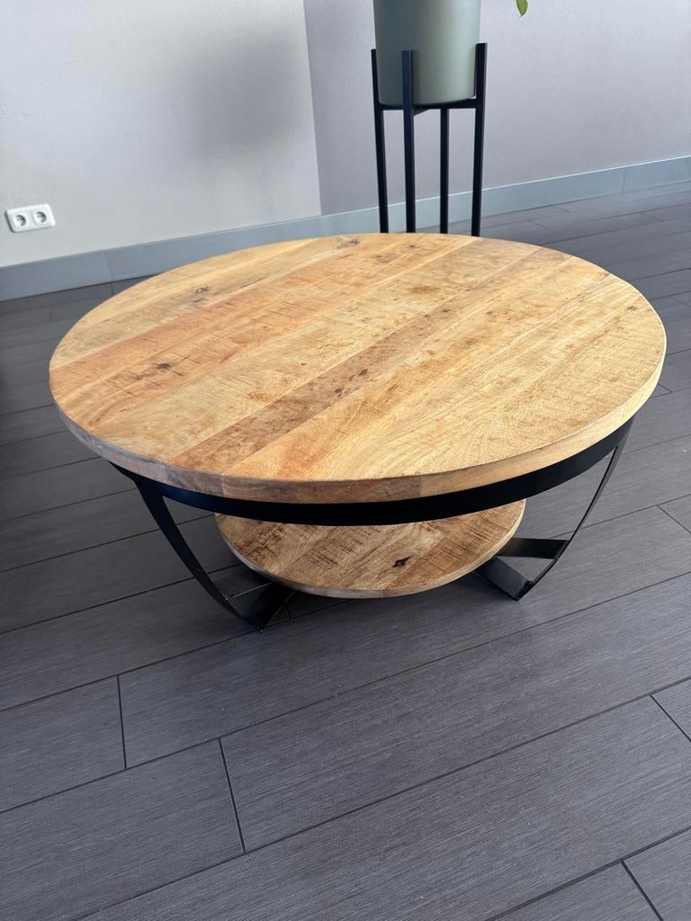Salontafel rond mangohout en metaal 90 cm, Huis en Inrichting, Tafels | Salontafels, Ophalen, Industrieel modern, Rond, 50 tot 100 cm