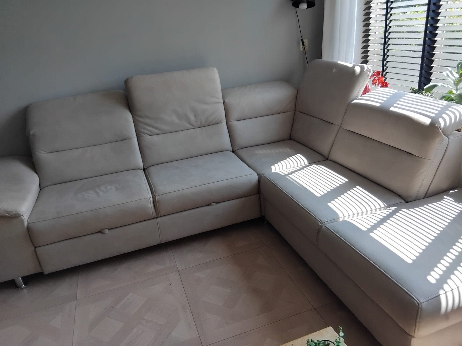 L-vormige slaapbank met opbergruimte - Crèmekleurig, Ophalen, Gebruikt, Leer, Modern, Functioneel