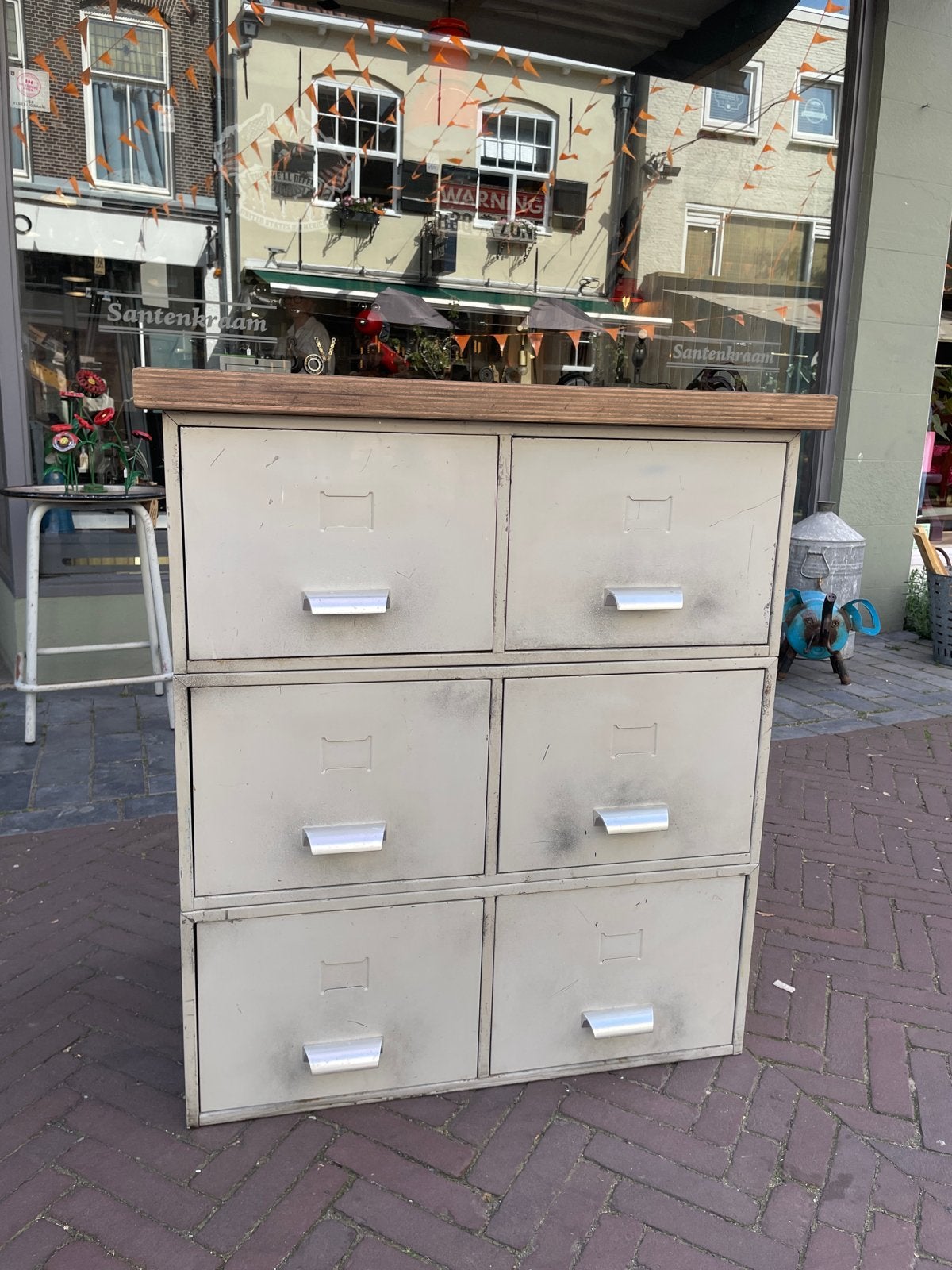 Industriële vintage ladekast van ijzer met houten blad, Ophalen, Gebruikt, 5 laden of meer, .