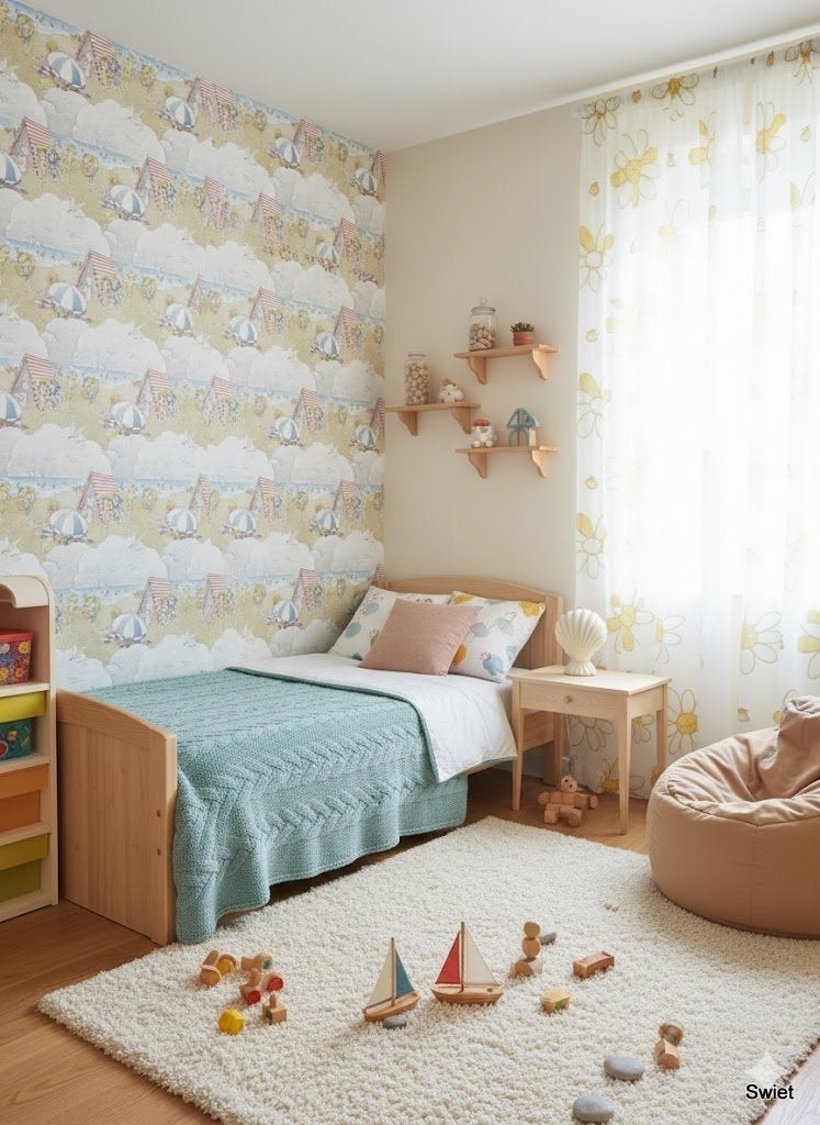 14279 vintage strand behang met kinderen en parasols swiet , Huis en Inrichting, Stoffering | Behang, Ophalen of Verzenden, Minder dan 10 m²