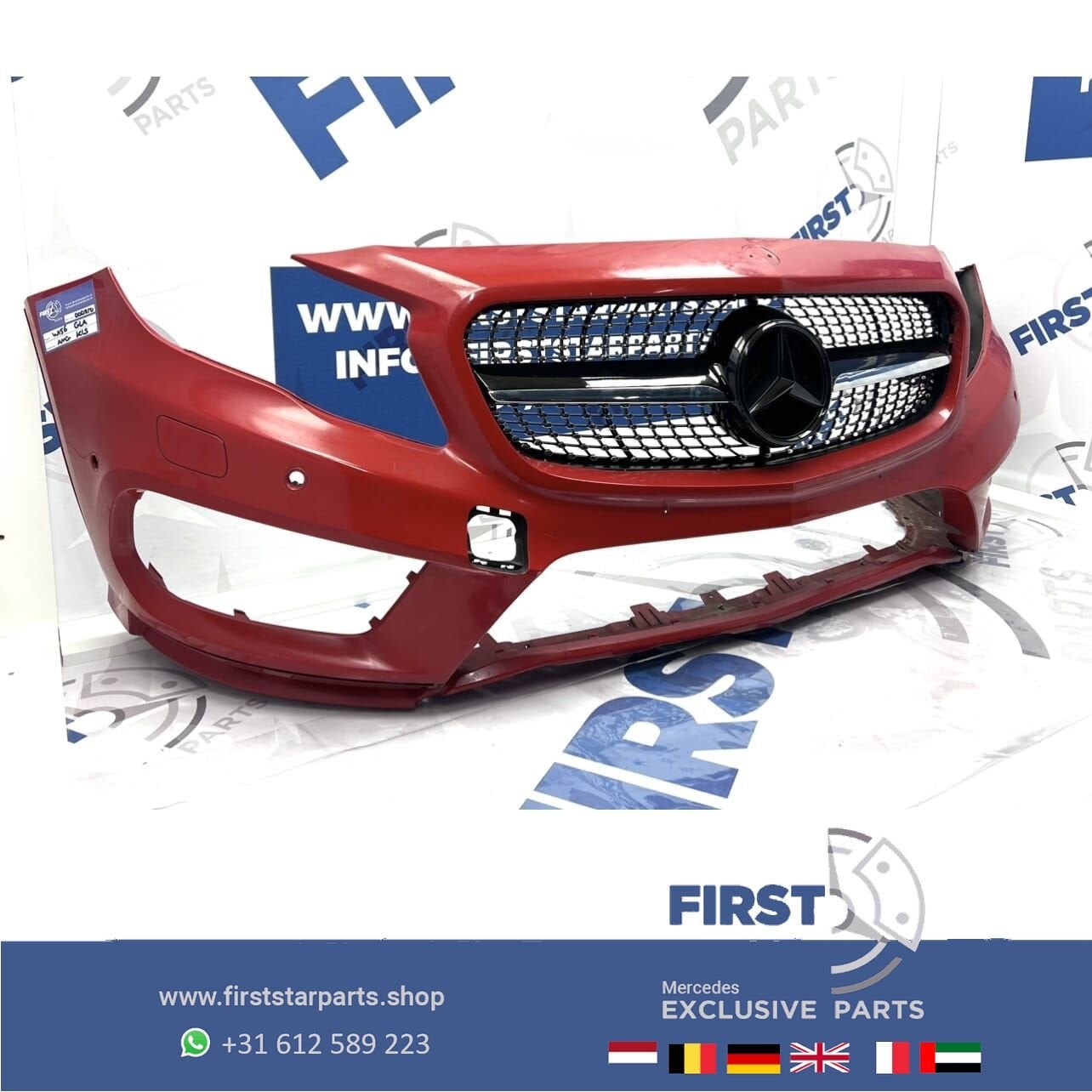 W156 BUMPER GLA AMG VOORBUMPER + DIAMOND GRIL ROOD WIT ZWART, Gebruikt, -, Voor, Ophalen of Verzenden