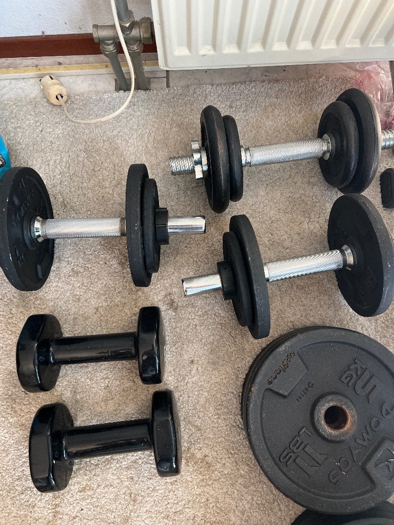 Gym weights / Gewichten set met halterstangen, Sport en Fitness, Fitnessmaterialen, Ophalen, Zo goed als nieuw, Dumbbell