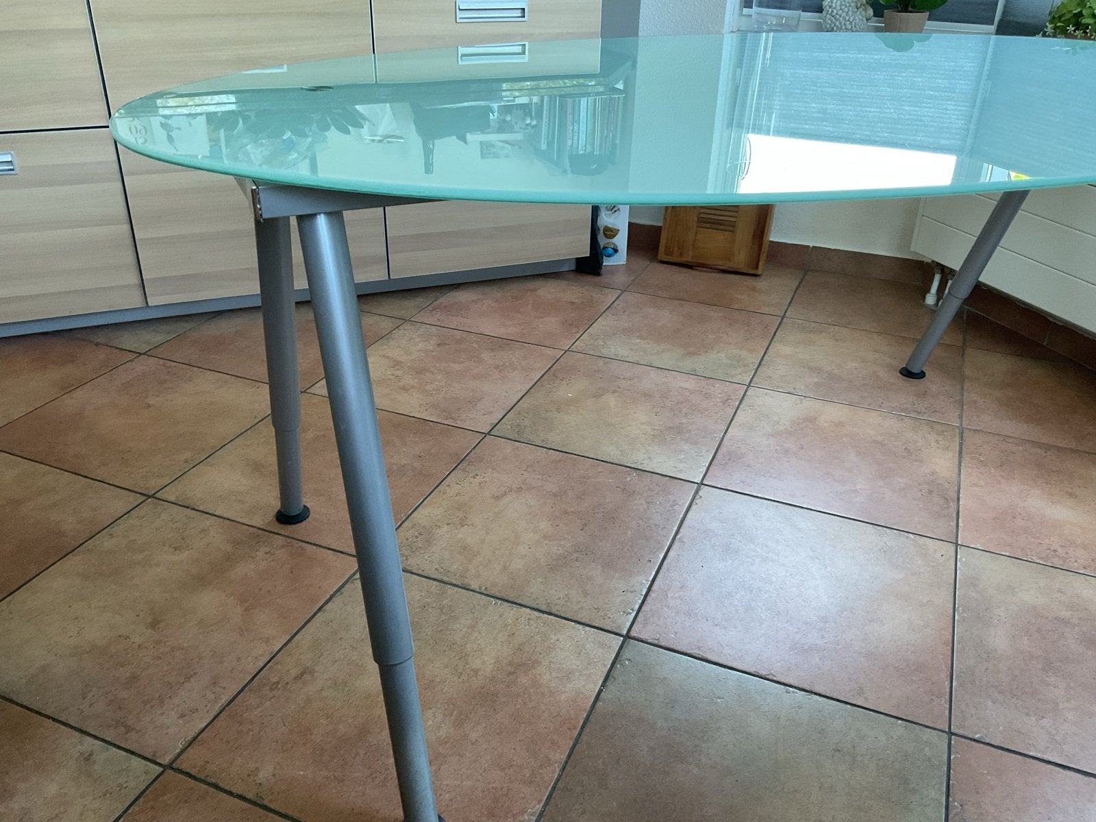 Ovale glazen eettafel - 180x100 cm - In hoogte verstelbaar, Ophalen, Gebruikt, 100 tot 150 cm, Glas