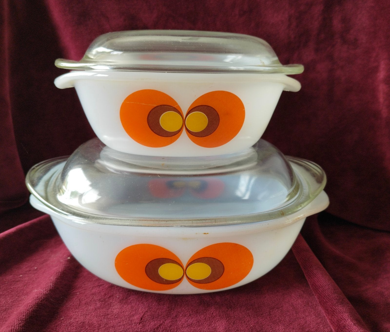 Vintage Schott Mainz ovenschalen met deksel - set van 2, Ophalen of Verzenden