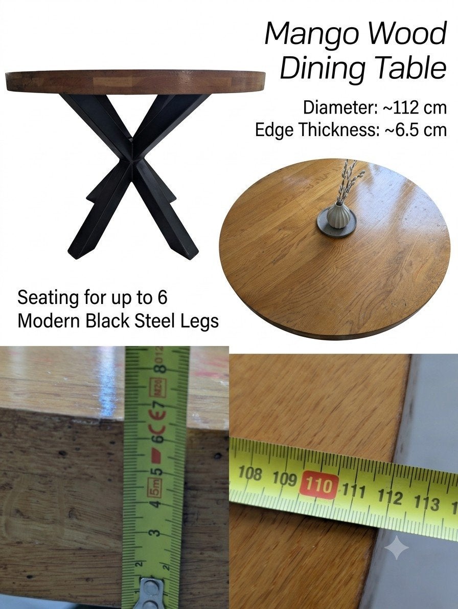 Prachtige Ronde Mango Houten Eettafel (112 cm), Ophalen of Verzenden, 250 cm of meer, Palen