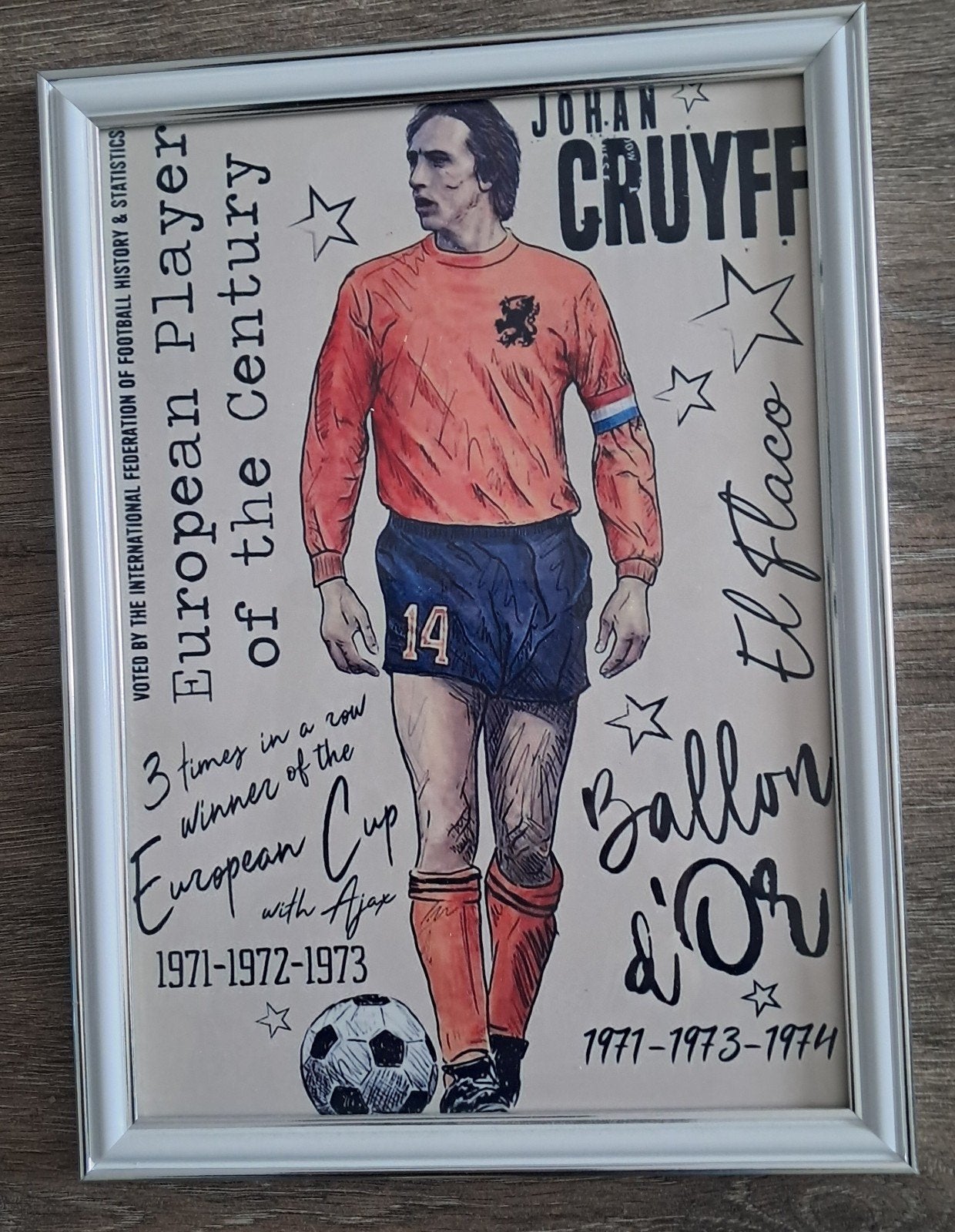 Ingelijste Johan Cruijff  European Player of the Centu, Verzamelen, Ophalen of Verzenden, Zo goed als nieuw, Ajax, Poster, Plaatje of Sticker