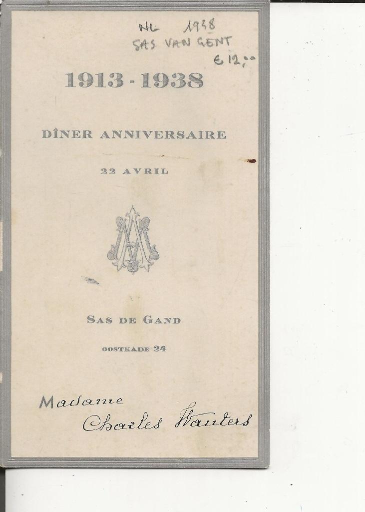 Sas van Gent Oostkade 24 Menukaart 1913-1938, Ophalen of Verzenden, 1920 tot 1940, Ongelopen, Zeeland