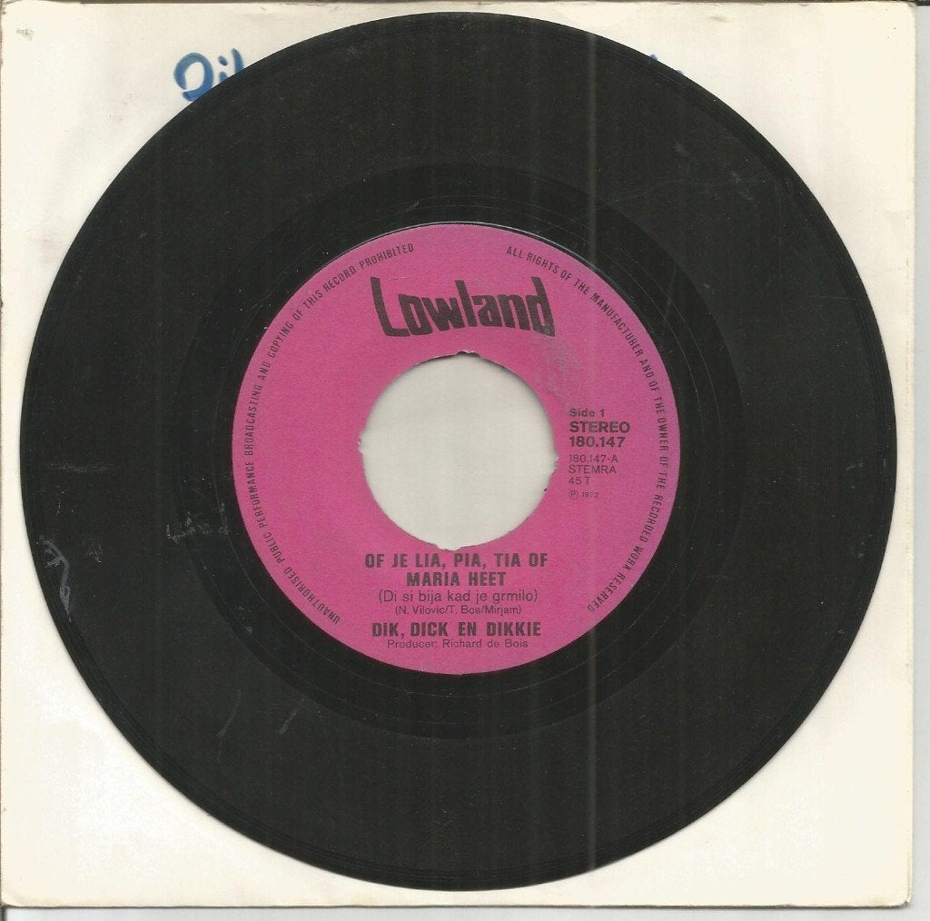 Dik, Dick En Dikkie – Of Je Lia, Pia, Tia Of Maria Heet, Gebruikt, Fotohoes, 7 inch, Ophalen of Verzenden