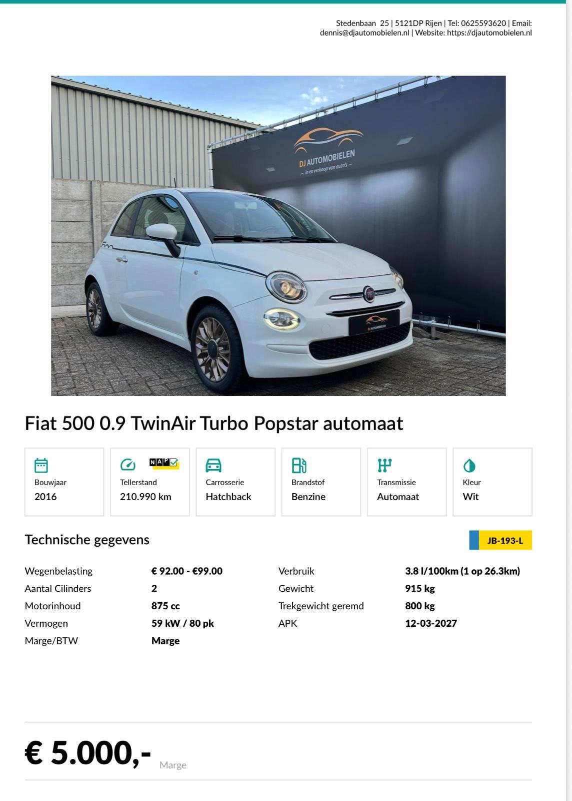 Fiat 500 2016 automaat nieuwe apk, Auto's, Stof, Start-stop-systeem, Wit, Origineel Nederlands