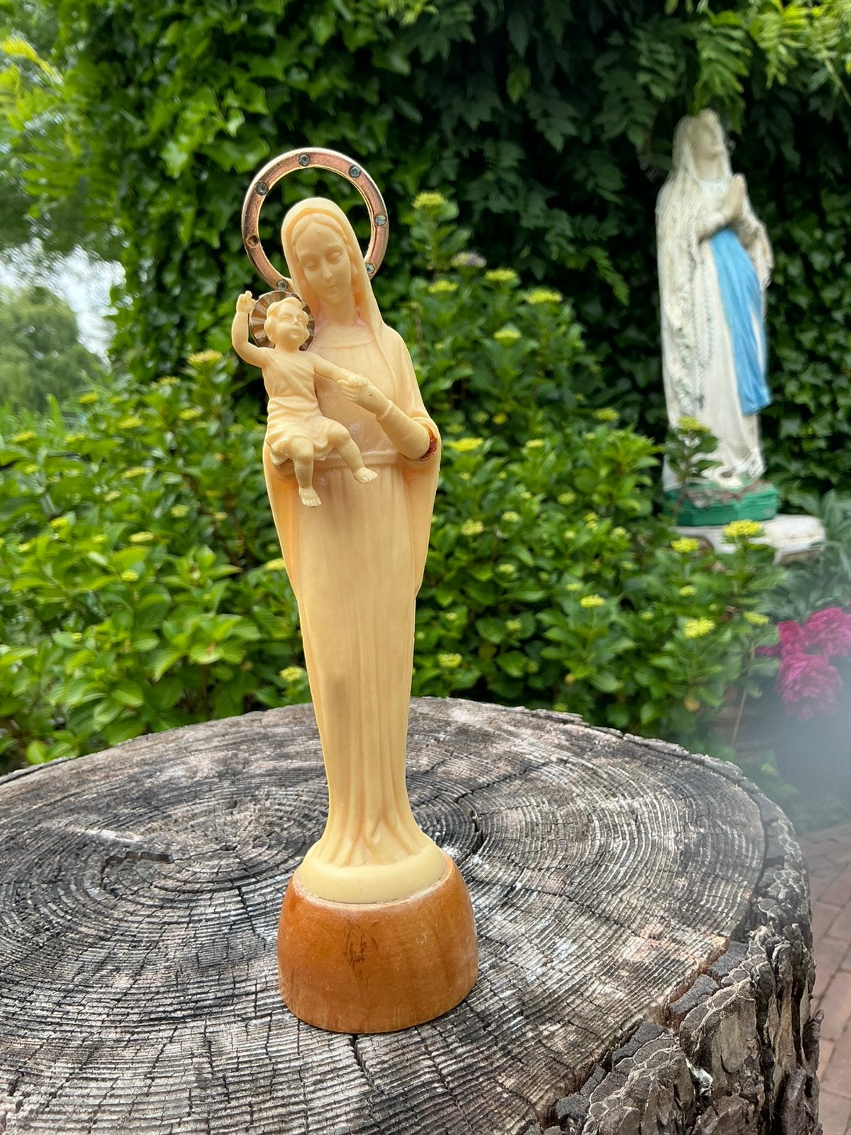Prachtig lief Mariabeeldje met kindje ❤️ op houten voet, Antiek en Kunst, Ophalen of Verzenden