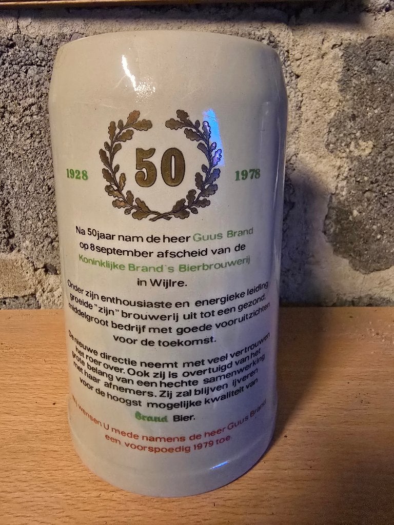 Brand bierpul 50 jaar Guus Brand 1928-1978 – Wijlre, Ophalen, Zo goed als nieuw, Pul(len), Brand
