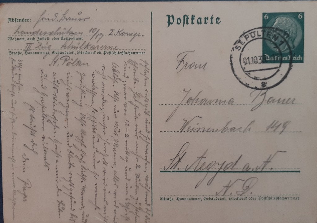 Deutsches Reich Briefkaart 1939 St Polten, Ophalen of Verzenden, Briefkaart