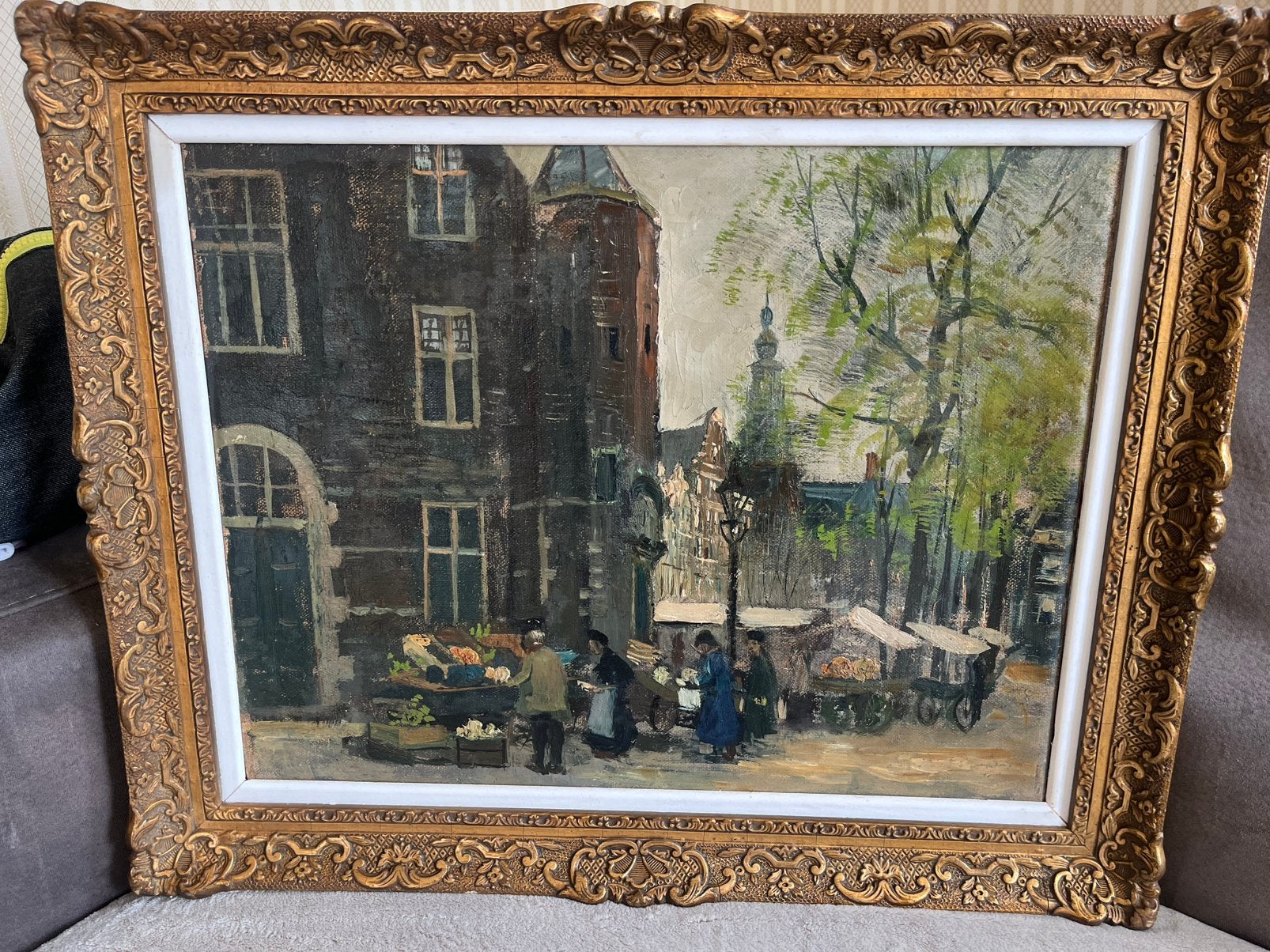 Antiek olieverf stadsgezicht Amsterdam markt, Ophalen, Rechthoekig