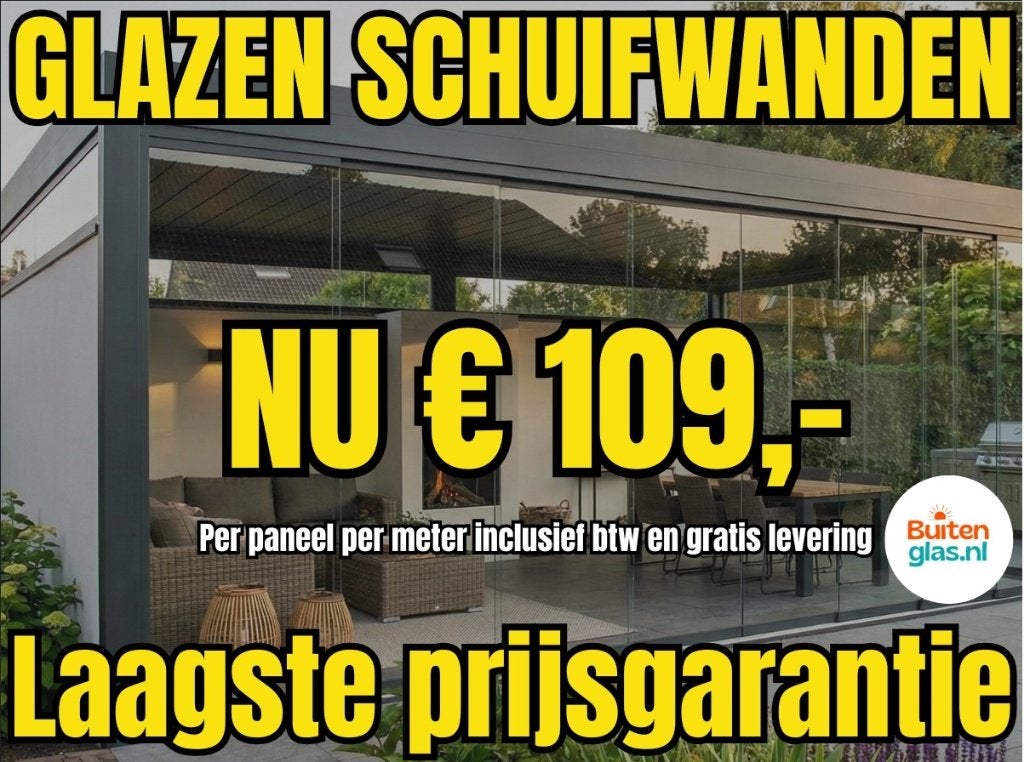 GOEDKOOPSTE GLAZENSCHUIFWAND VAN NL – €109 per glaspaneel, Tuin en Terras, Overkappingen, Nieuw, Overige typen, Verzenden