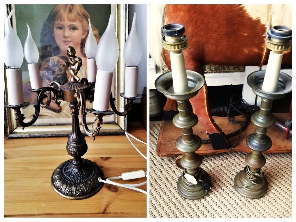 Brocante koperen tafellamp o.a. engel - patina groen - gla, Ophalen of Verzenden