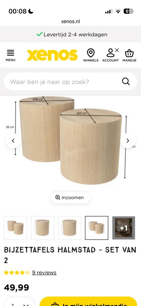Twee houten bijzettafeltjes Halmstad Xenos, Minder dan 55 cm, Gebruikt, Rond, Ophalen