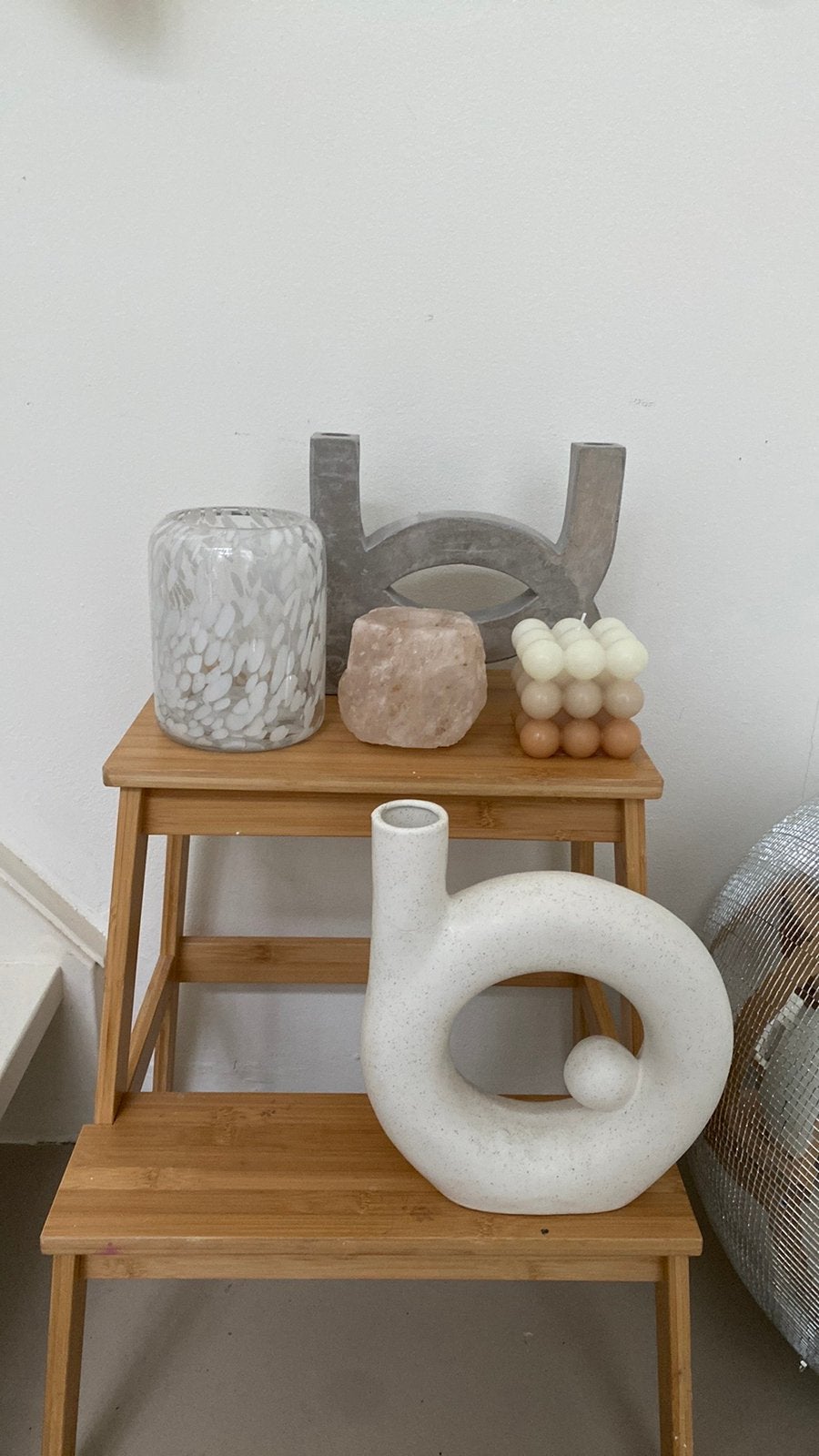 Set beige japandi woon accessoires kandelaar grijs vaas vase, Overige kleuren, Aardewerk of Porselein, Ophalen of Verzenden, Zo goed als nieuw