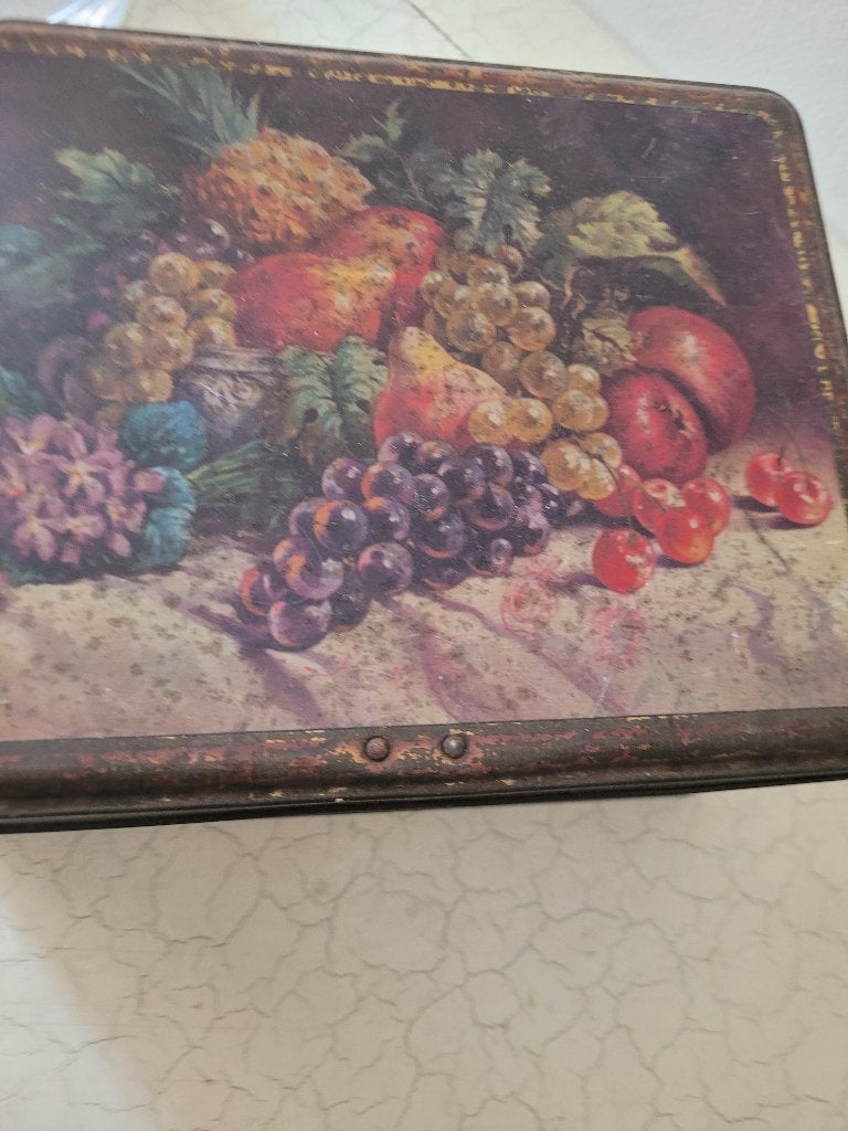 Zeer oud blik met fruit decor, Verzamelen, Blikken, Ophalen of Verzenden, Gebruikt, Overige