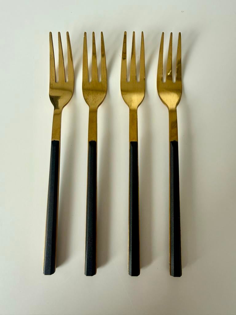 Set van 4 goudkleurige gebaksvorkjes - RVS 18/0, Ophalen of Verzenden, Zo goed als nieuw, Rvs of Chroom