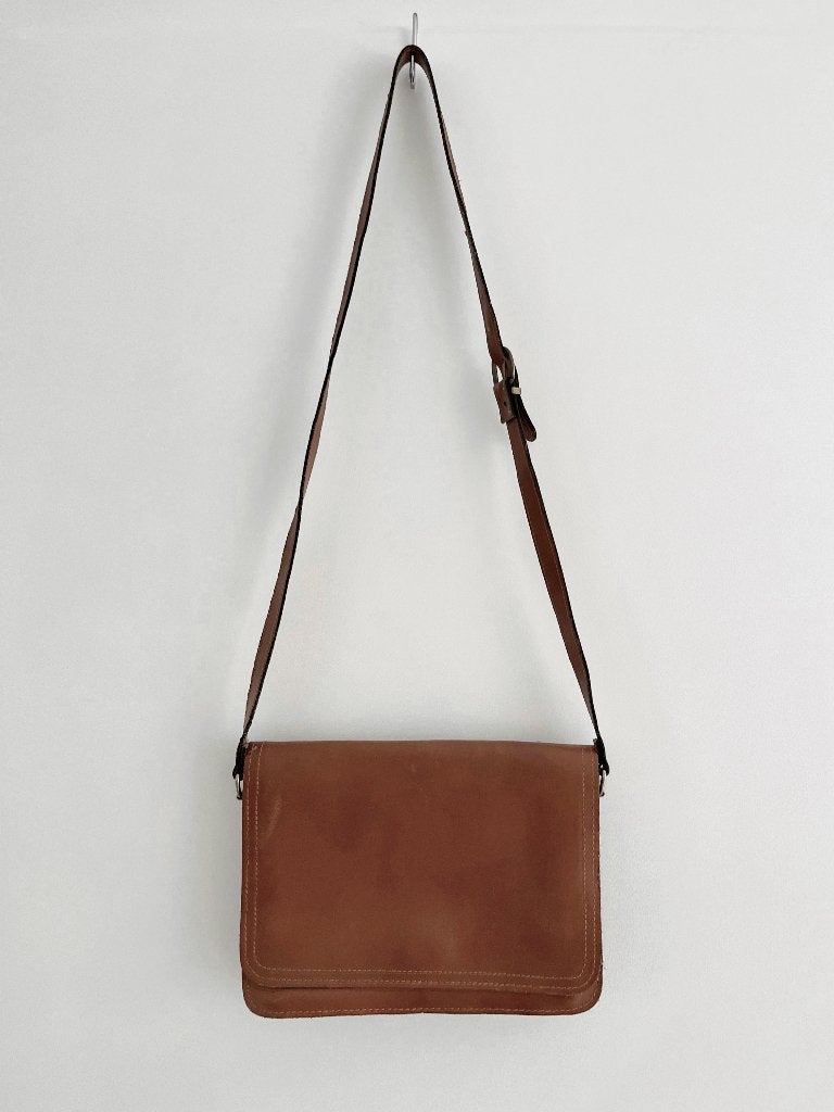 Vintage cognac bruine crossbody schoudertas accordeon vakken, Ophalen of Verzenden, Gebruikt, Bruin, Overige merken