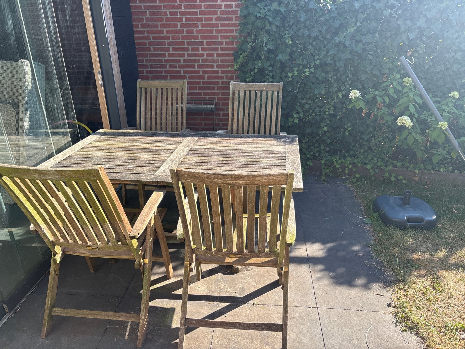 Teakhouten tuinset met 6 stoelen en tafel, Tuin en Terras, Tuinsets en Loungesets, Ophalen, Gebruikt, Eettafel, 6 zitplaatsen
