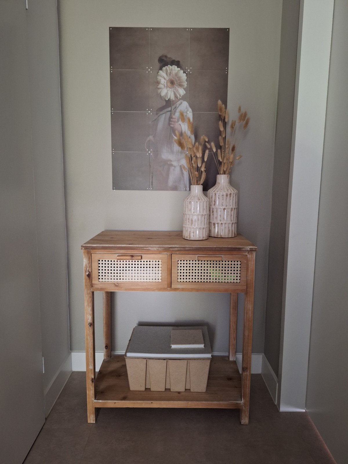 Rotan webbing sidetable kast 74x40x83 cm, Ophalen, 50 tot 100 cm, Boho, Scandinavisch, Overige houtsoorten