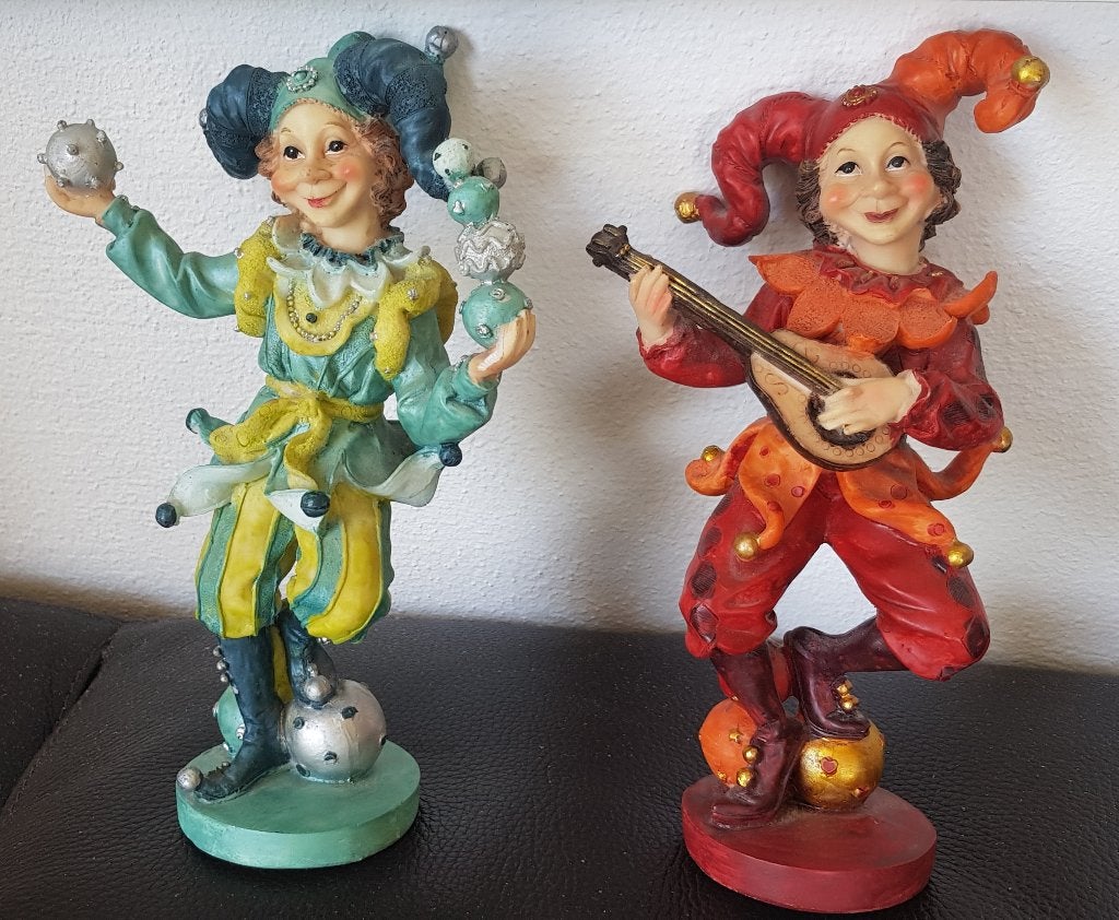 2 narren, 21 cm hoog. Vintage, Ophalen, Gebruikt, Meerkleurig, Steen/keramiek