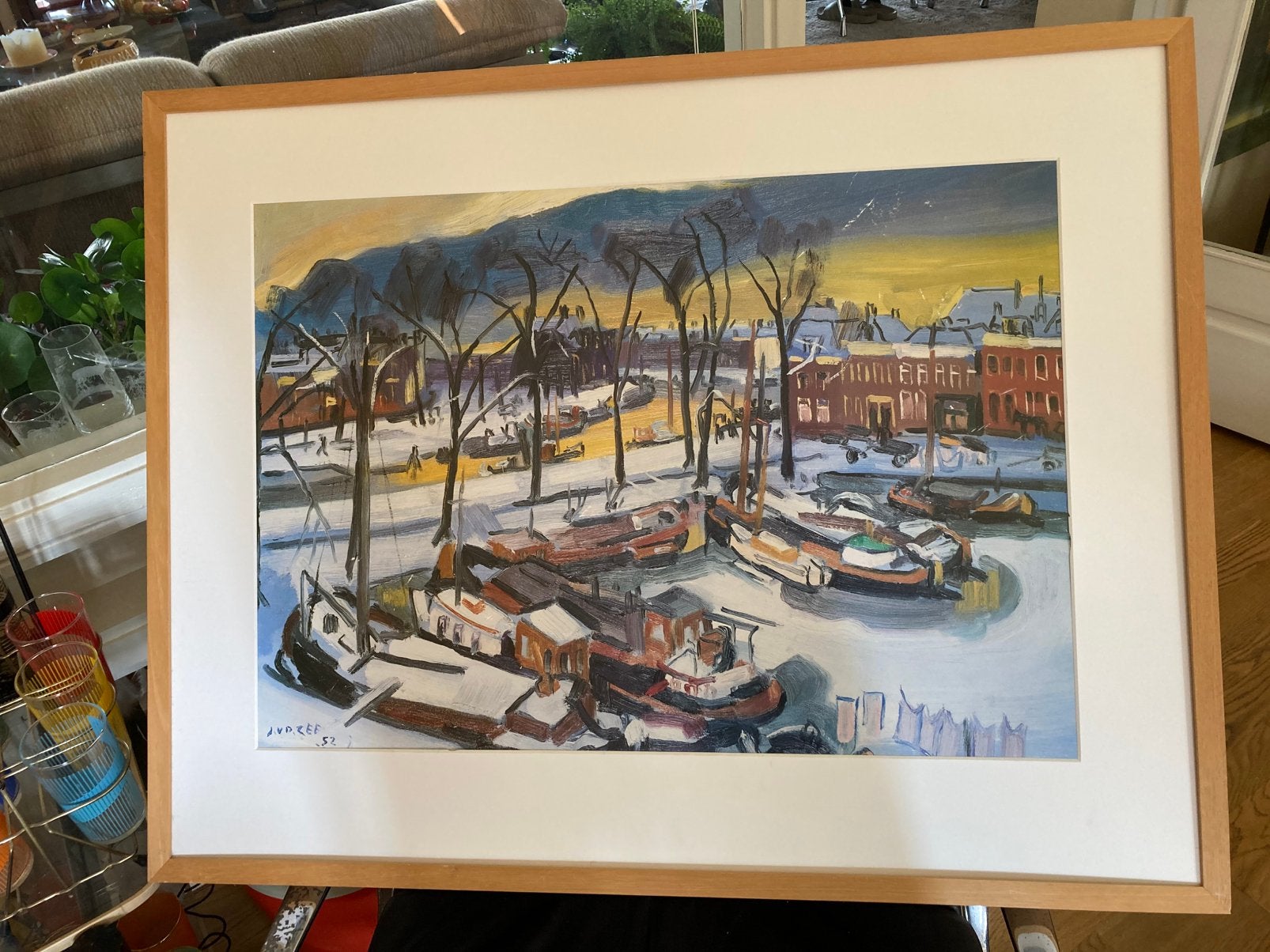 Ingelijste Prent van Jan van der Zee ‘Westerhaven, 1952', Antiek en Kunst, Kunst | Litho's en Zeefdrukken, Ophalen, Landschappen