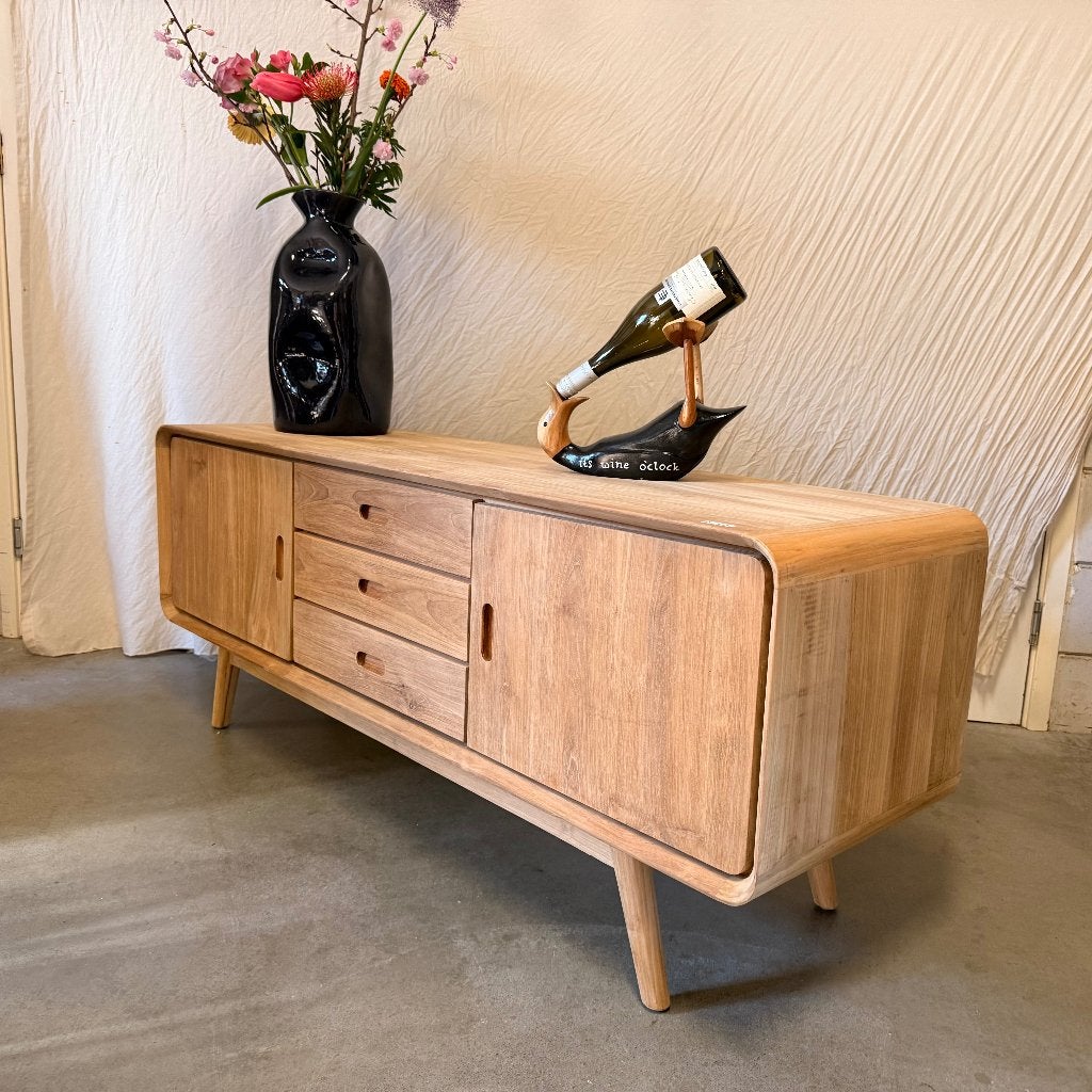 retro tv meubel teak met 3 lades - 150 cm - Gratis bezorgd, TTM Wonen, Meubels – (Perzische) Tapijten en Woonaccessoires, 100 tot 150 cm