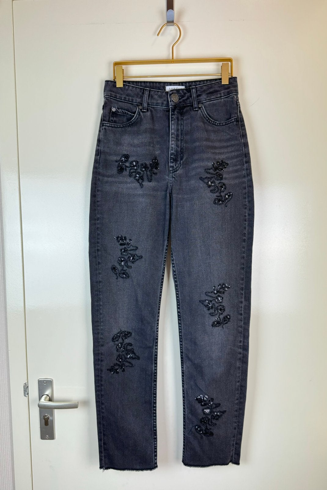 SANDRO Jeans Embroidery Beaded Mom Boyfriend Relaxed 34/XS, Kleding | Dames, Ophalen of Verzenden, Zo goed als nieuw, Grijs, W27 (confectie 34) of kleiner