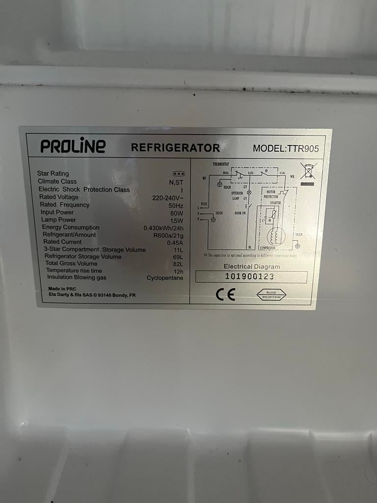 Proline Koelkast TTR905 met vriesvak - Compact en Efficiënt, Witgoed en Apparatuur, Gebruikt, 75 tot 100 liter, 45 tot 60 cm, Met vriesvak