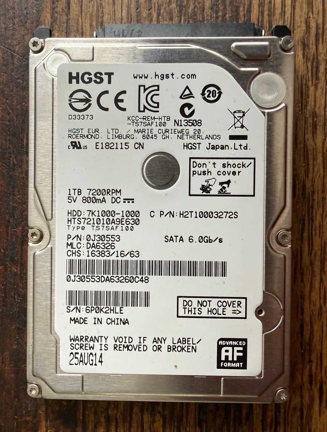 1TB HGST HTS721010A9E630 Travelstar 7K1000 2,5 Inch Sata HDD, Computers en Software, Harde schijven, Intern, Ophalen of Verzenden
