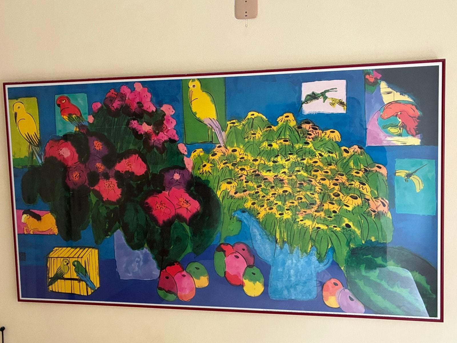 Grote Kleurrijke Lijst met Bloemen en Vogels. Afmetingen, Antiek en Kunst, Ophalen