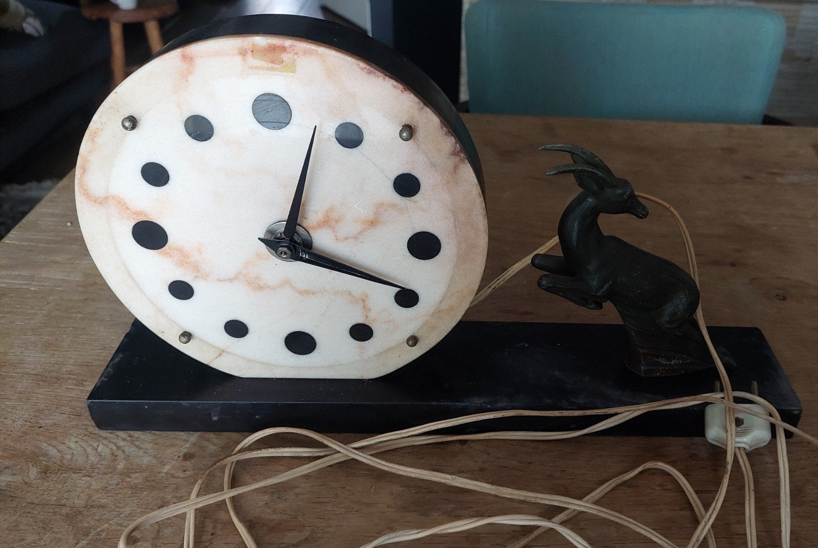 Art Deco Marmeren Klok met Gazelle Beeldje, Verzenden