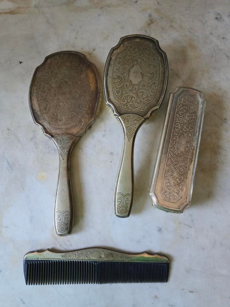 Antiek verzilverde kaptafelset handspiegel, Antiek en Kunst, Ophalen of Verzenden
