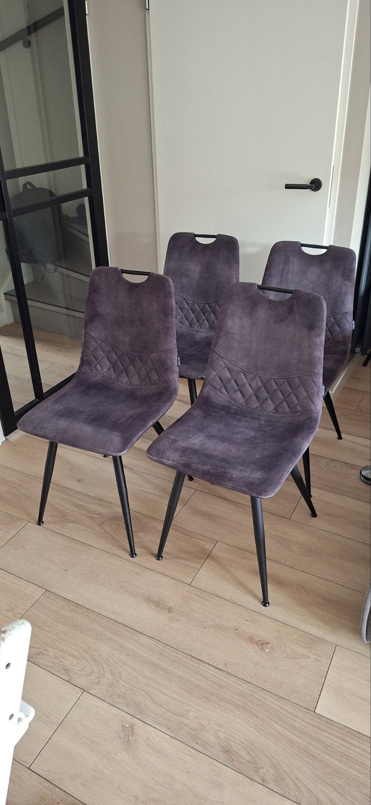 4 Haco eetkamerstoelen, grijs velours, Ophalen, Zo goed als nieuw, Metaal, Vier
