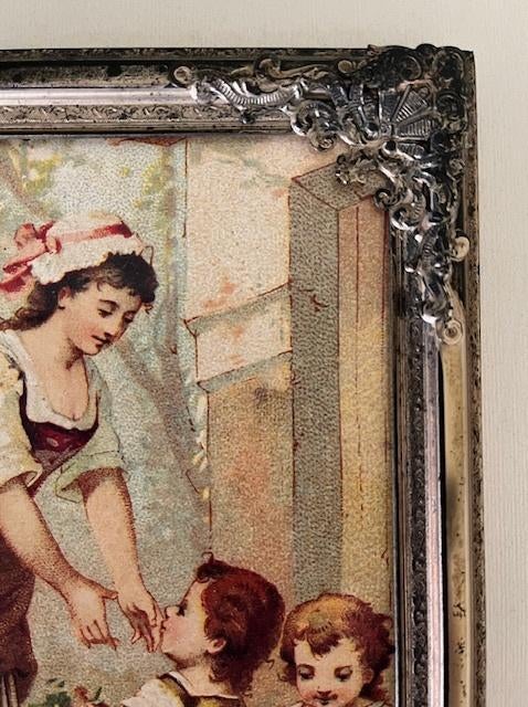 Vintage Frans metalen lijstje met nostalgische afbeelding, Ophalen of Verzenden