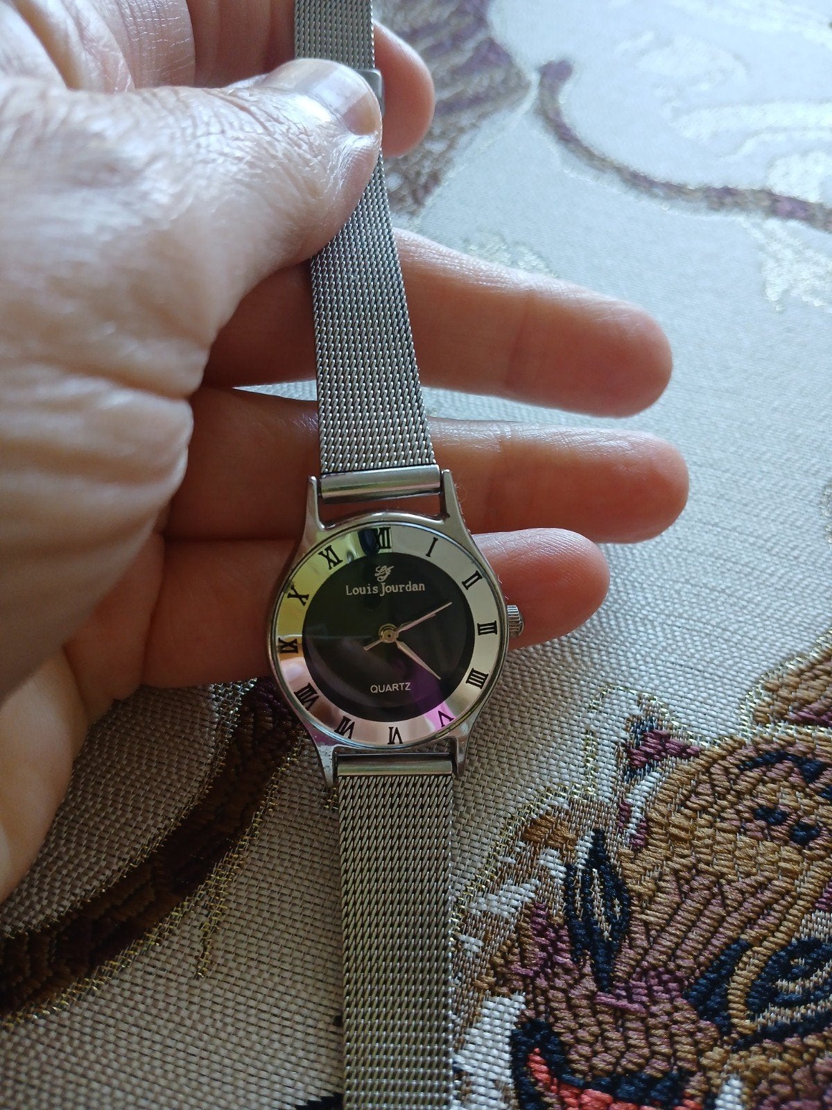 Louis Jourdan vintage dameshorloge  groen/zilver – mesh band, Ophalen of Verzenden, Staal, Overige merken, 1960 of later