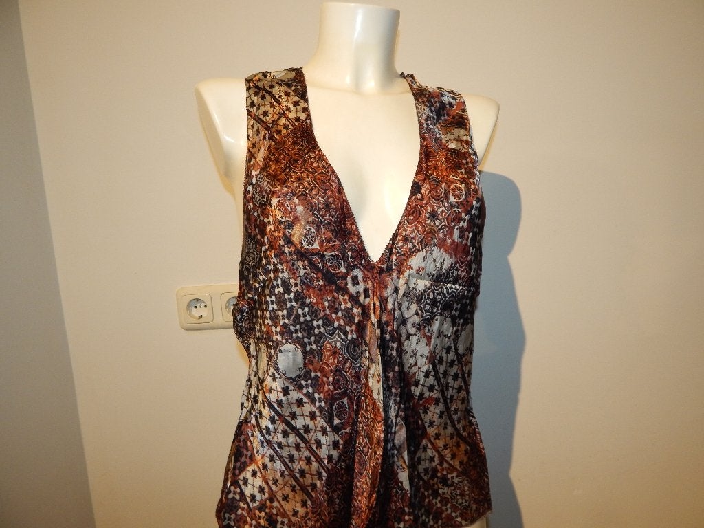 Jean Paul Gaultier satijn achtige top in print apart vintage, Maat 38/40 (M), Jean paul gaultier, Zonder mouw, Gedragen